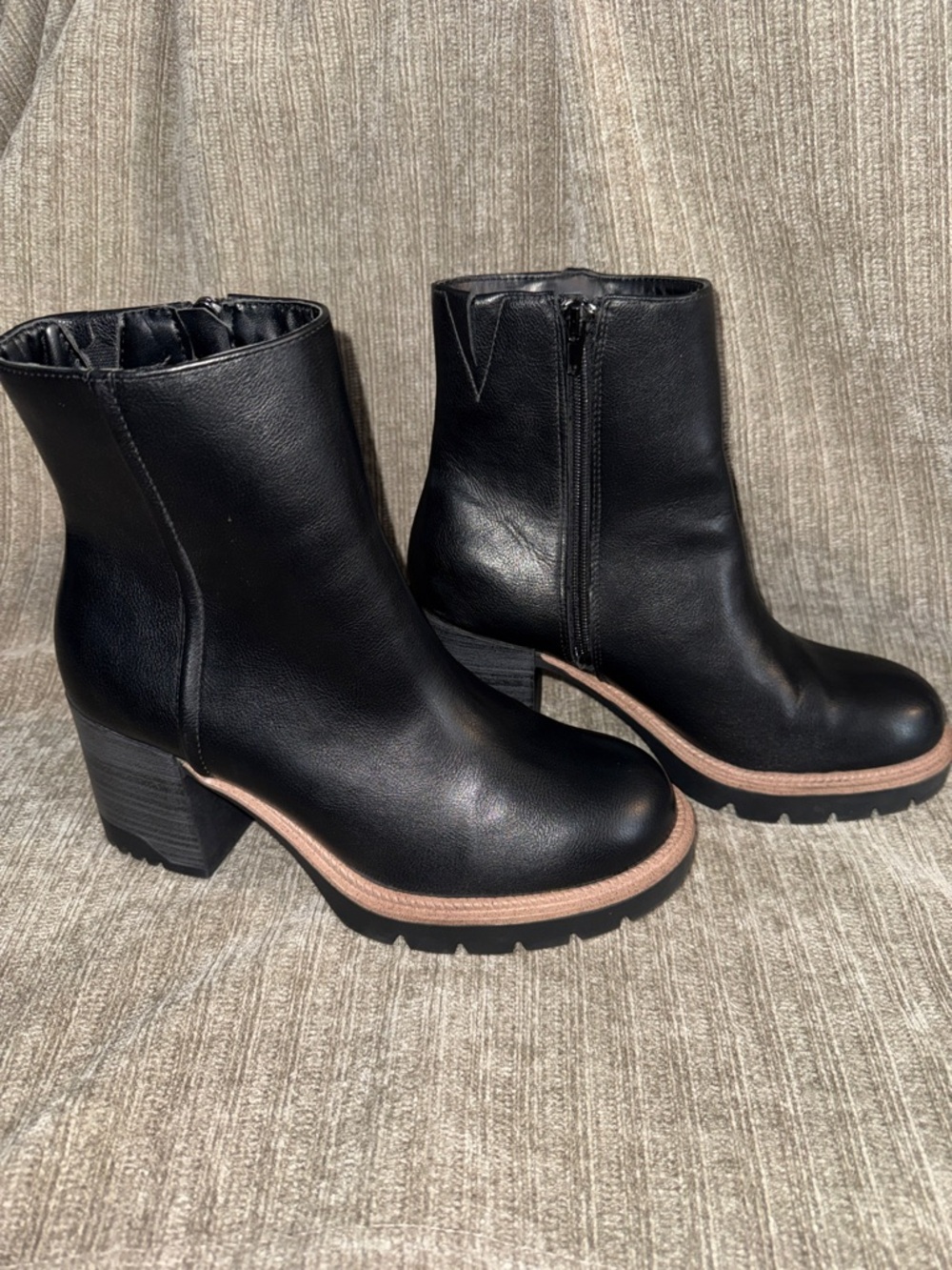 Altar'd State Black Leather Block Heel Ankle Boots with Tan Trim